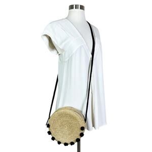 Stella & Dot | Wicker Round Woven Black Pom Pom Summer Crossbody Purse Bag